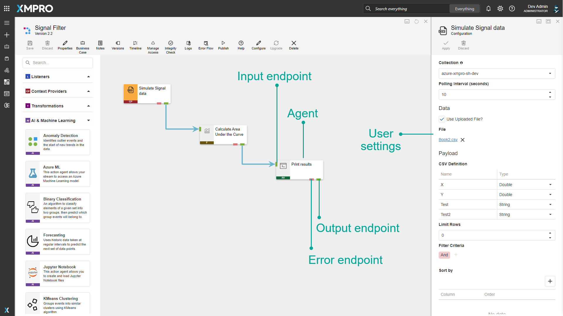 Fig 1. Data Stream Canvas and Agent's User Settings