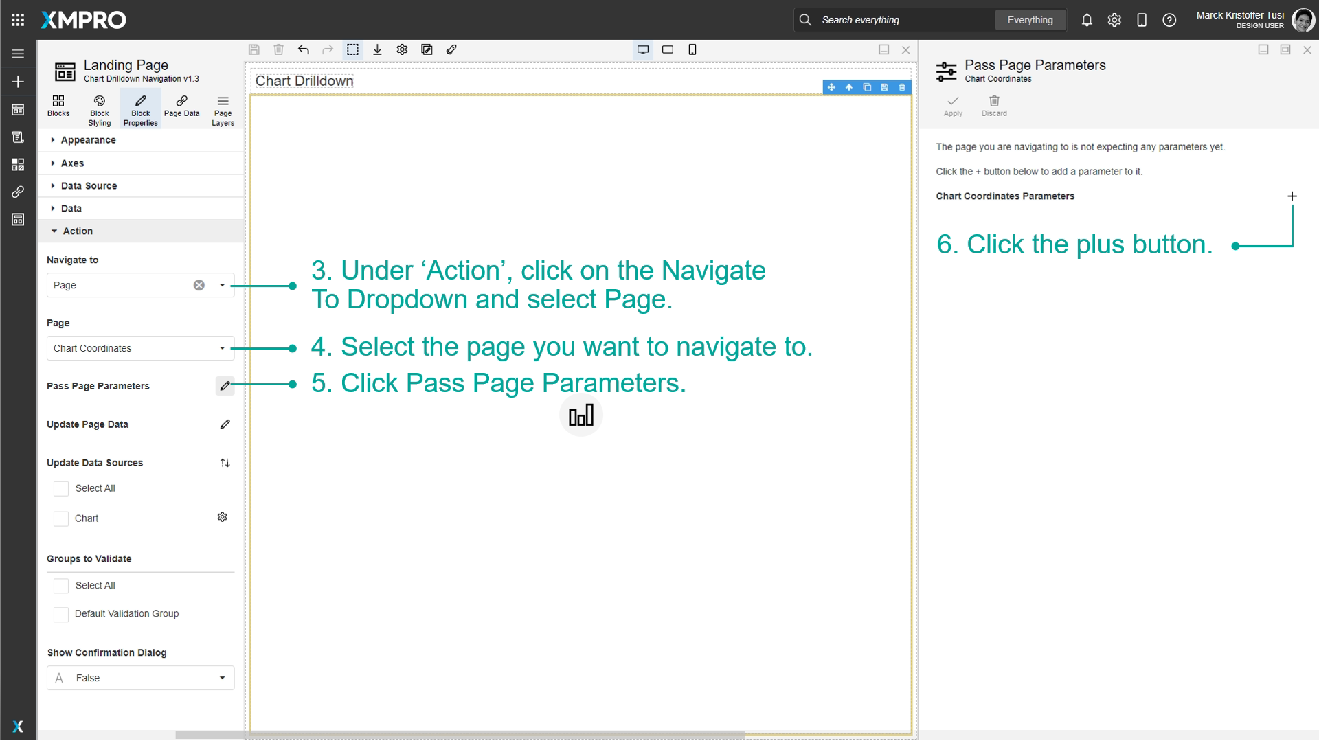 Screenshot showing the Pass Page Parameters dialog open for chart drilldown configuration. The dialog displays existing parameters that can receive values when a chart element is clicked.