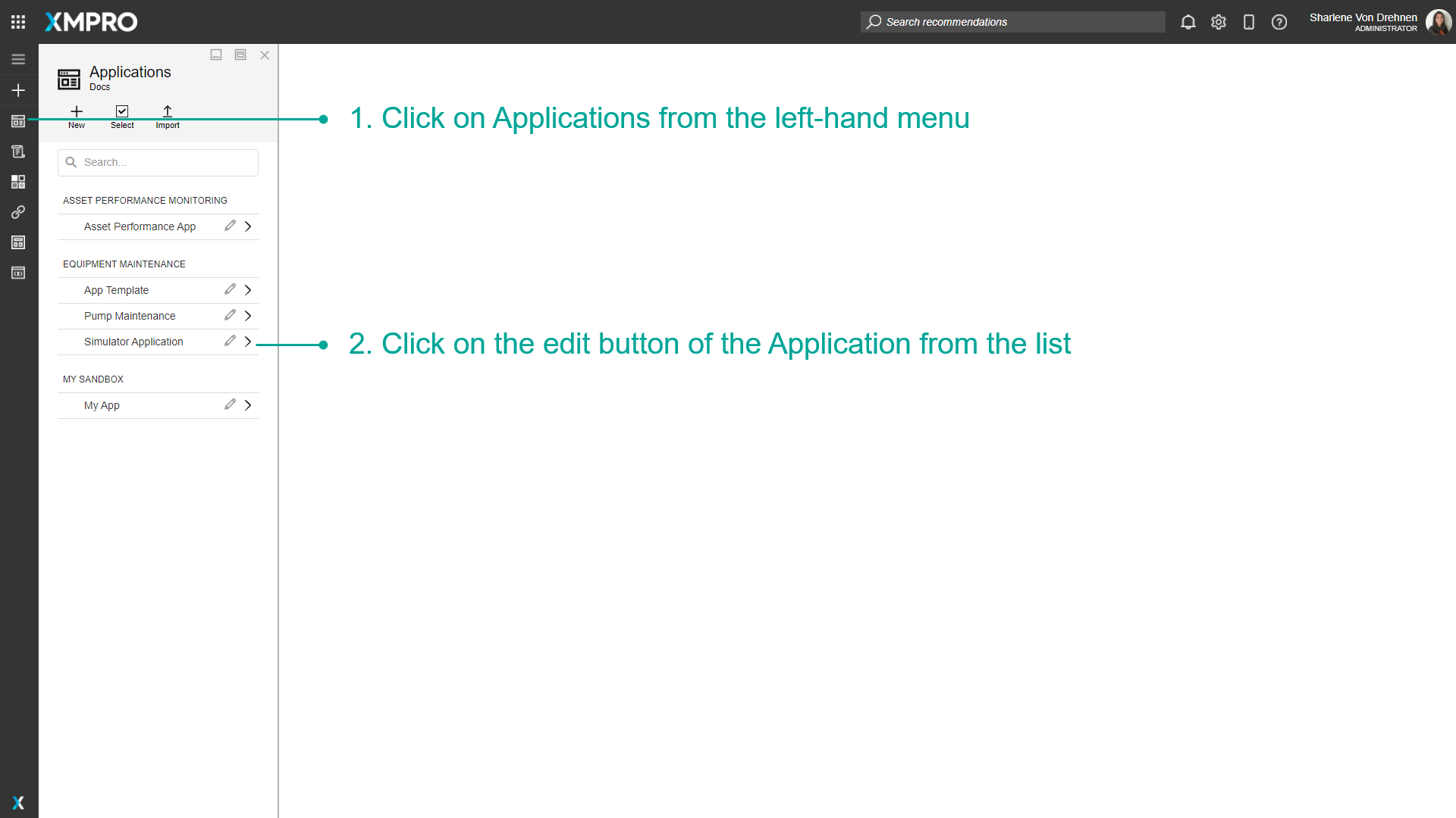 Screenshot of the Applications list page showing multiple application cards with their titles, descriptions and action buttons. Each card has an Edit button highlighted that allows editing the application.