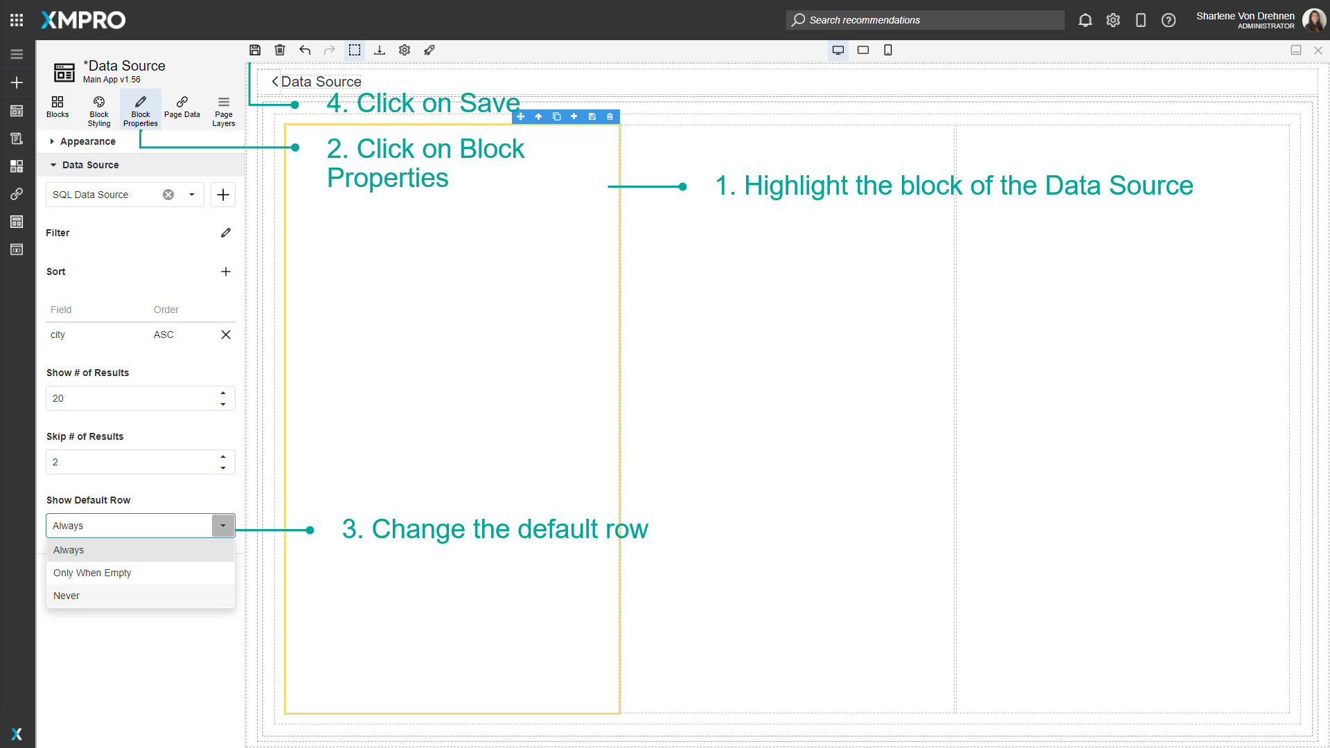 Setting default row