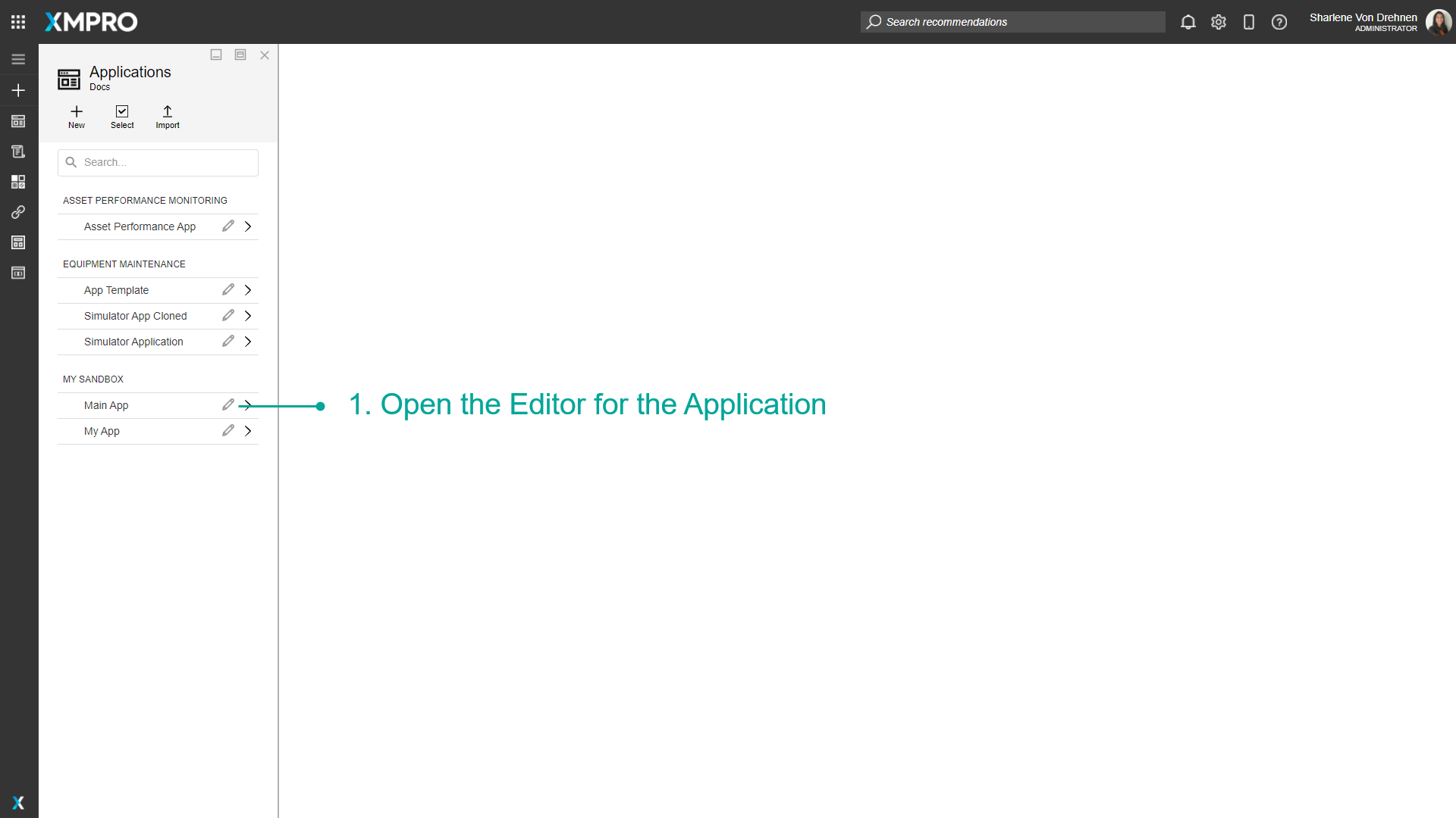 Screenshot of the application dashboard showing how to open the App Editor for deleting a Data Source