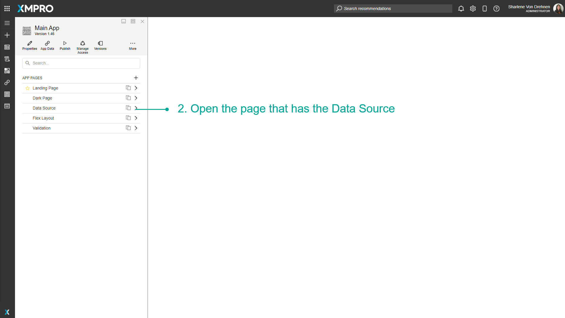 Screenshot showing how to open a page containing the Data Source you want to delete