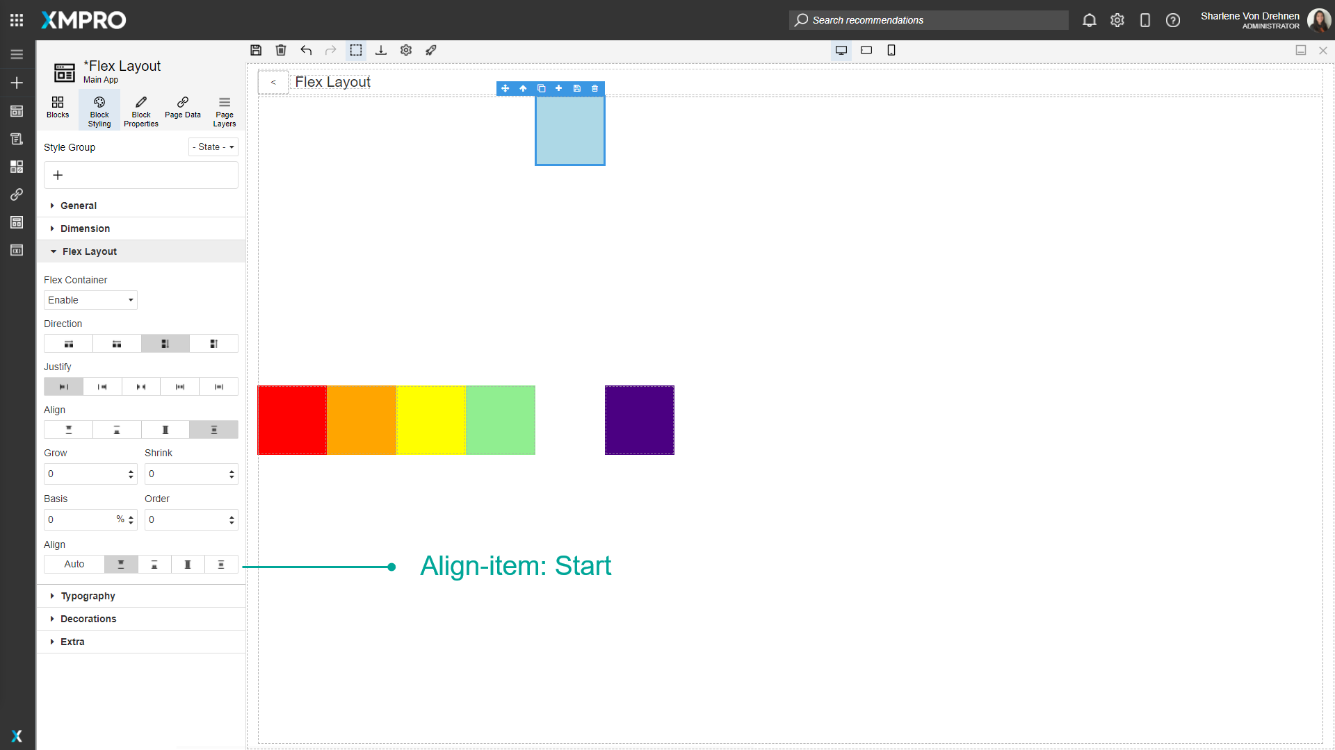 Screenshot showing a flex container where a single highlighted block has Align-Self set to "Start". This block is aligned to the top of the container while other blocks follow the container's alignment rules.