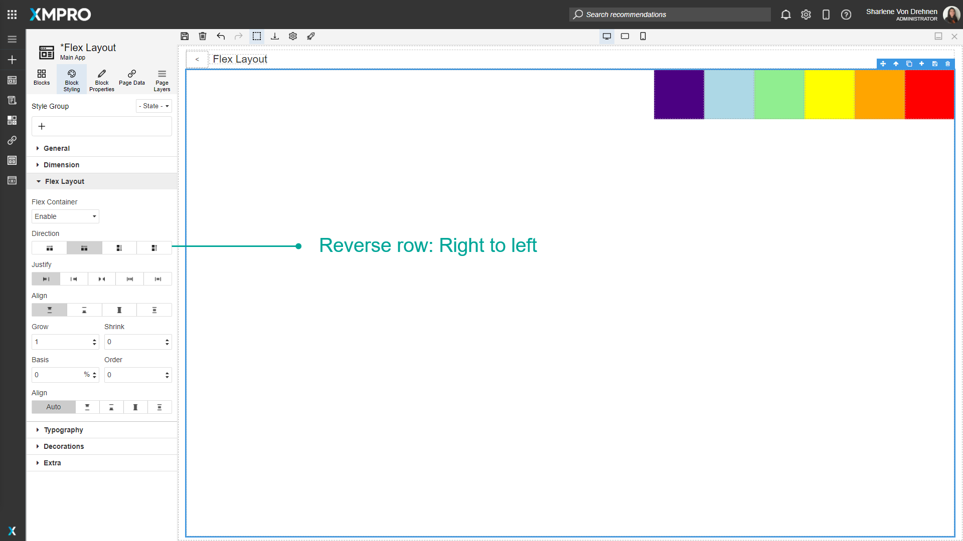 Screenshot showing a flex container with Direction set to "Row Reverse". Three colored blocks are arranged horizontally from right to left (reversed) in a single row within the container.