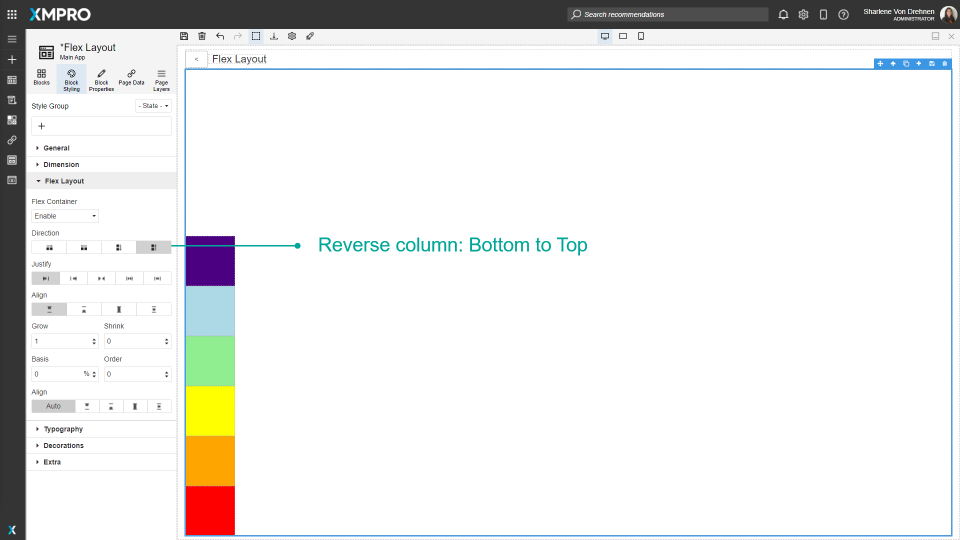 Screenshot showing a flex container with Direction set to "Column Reverse". Three colored blocks are stacked vertically from bottom to top (reversed) in a single column within the container.