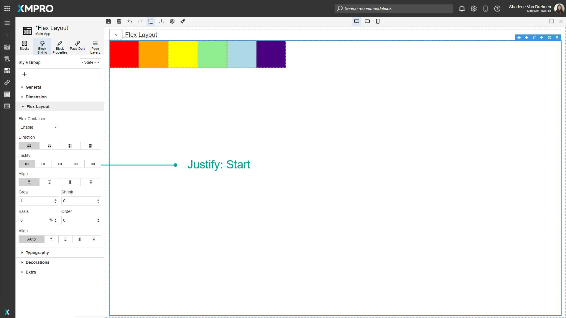 Screenshot showing a flex container with Justify set to "Start". Multiple blocks are aligned at the beginning of the container with no space between them and the starting edge.