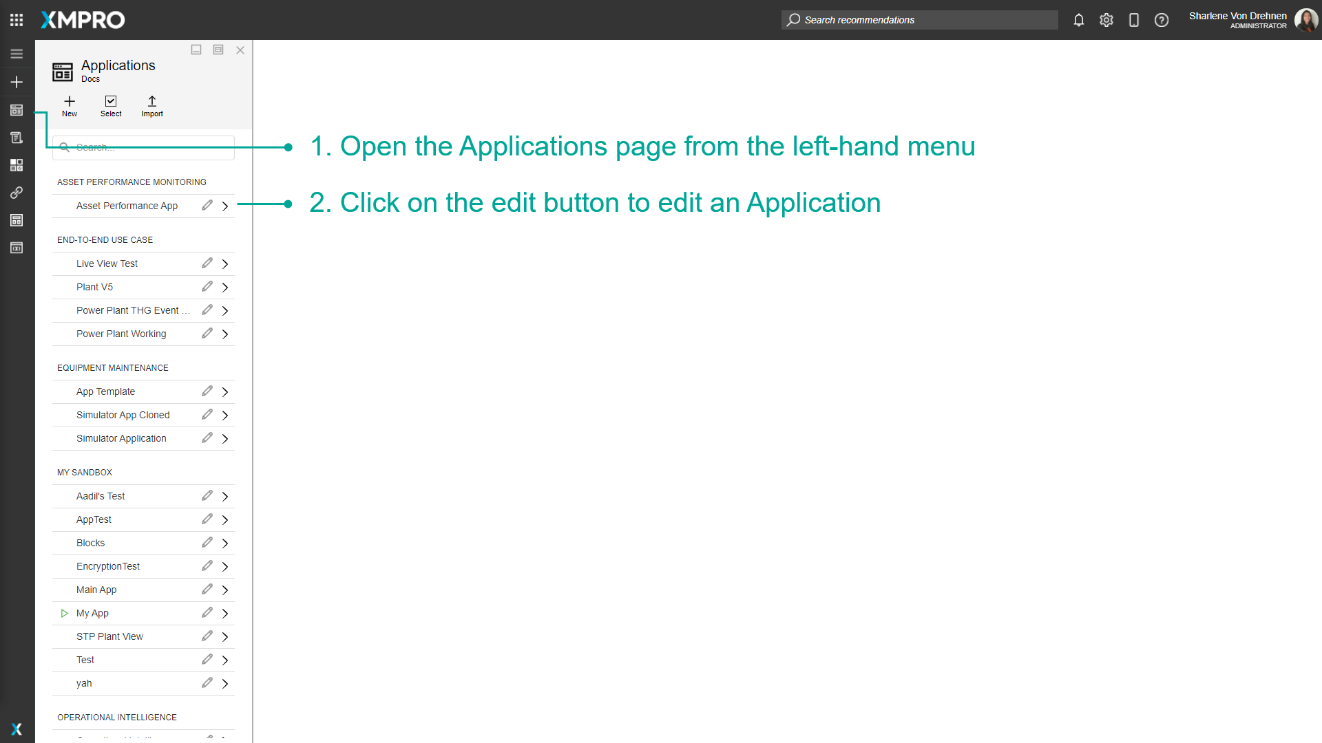 Applications list with edit button highlighted