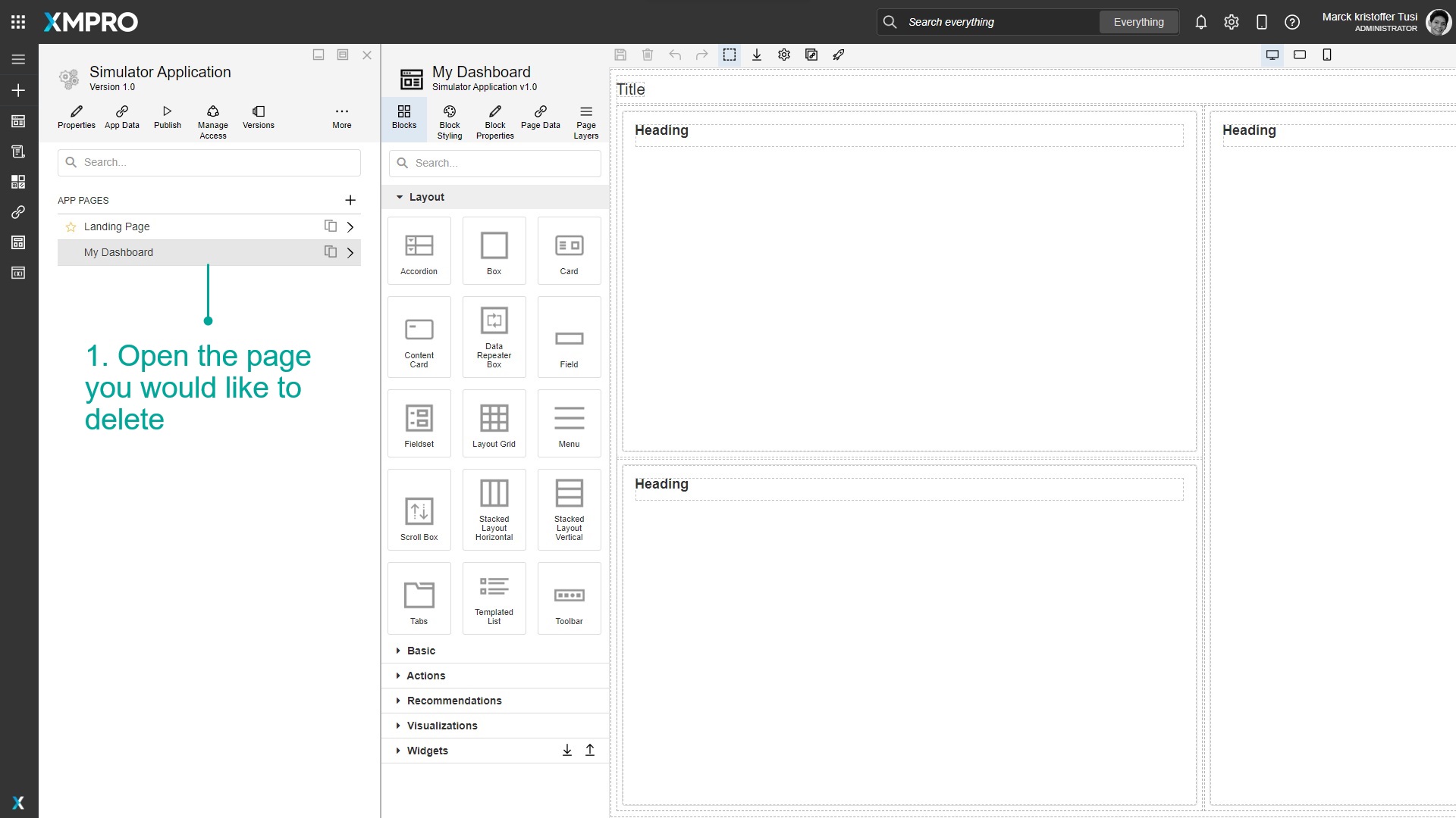 Page editor with page opened