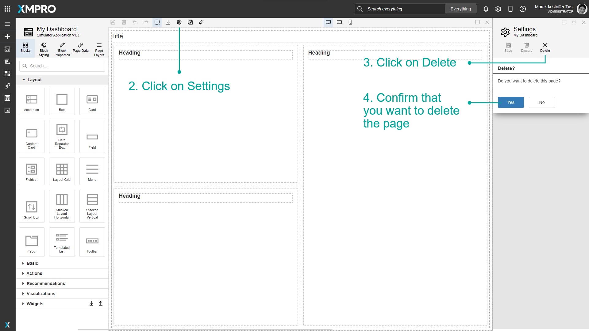 Settings menu with Delete option highlighted