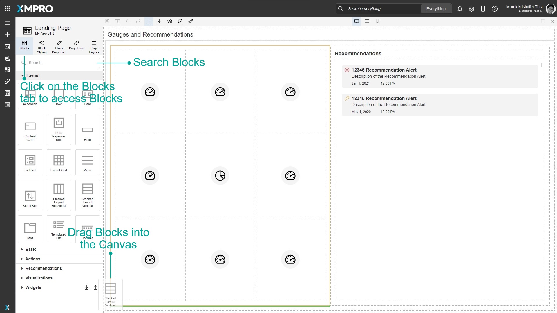 Blocks tab with different block categories and search bar