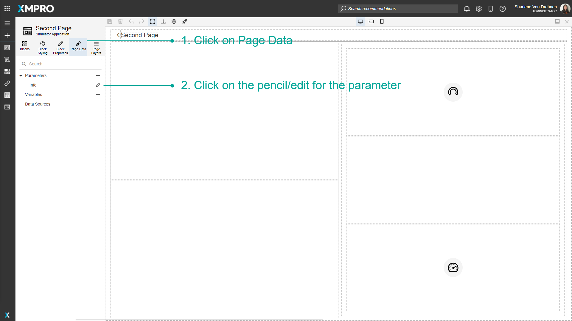Screenshot of the Page Data panel showing a parameter named "MachineID". The pencil/edit icon next to the parameter is highlighted, indicating where to click to edit the parameter.