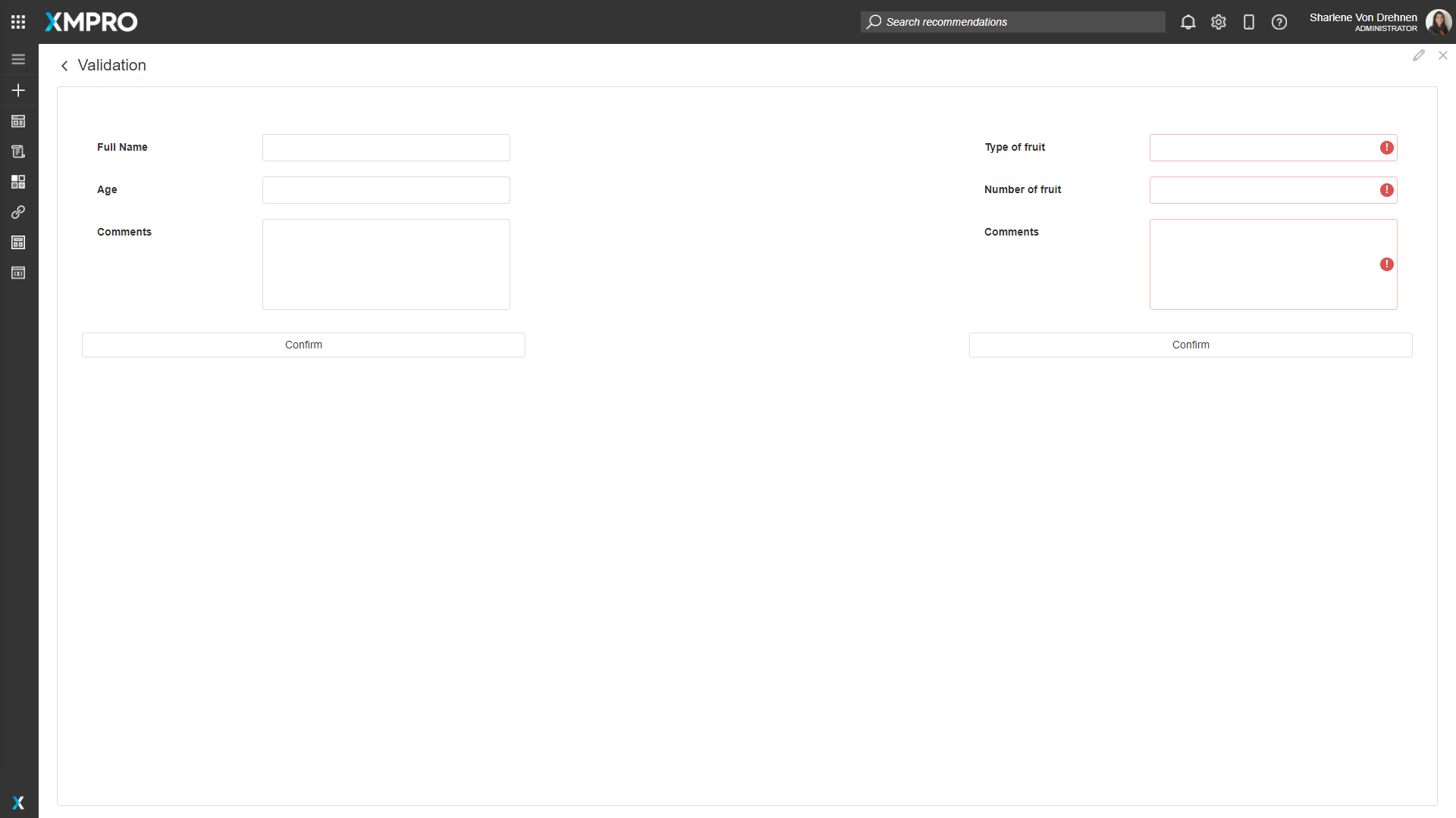 Screenshot showing validation being applied only to the fields in the selected validation group