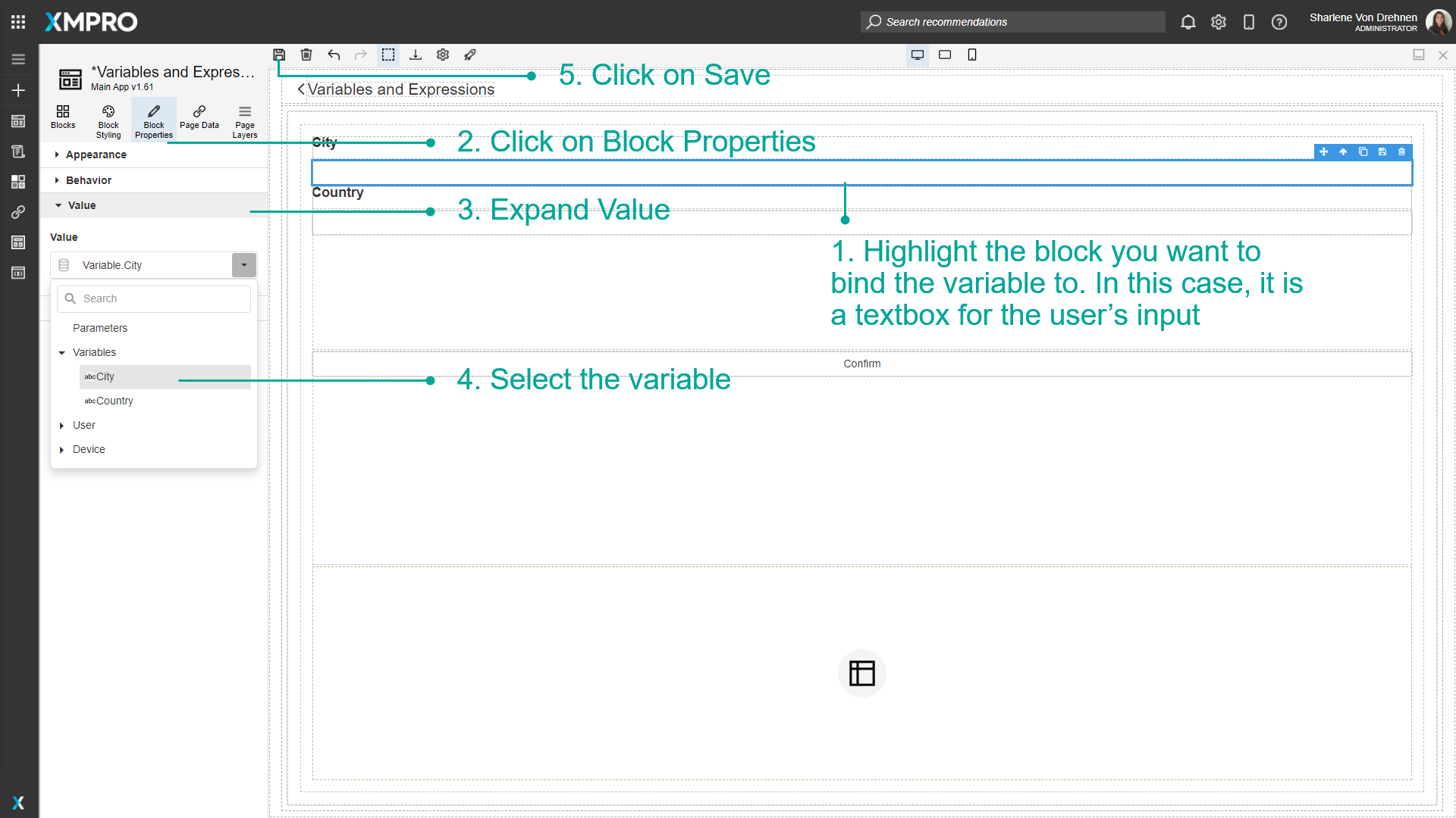 Screenshot showing how to bind a variable to a block by selecting it in the Block Properties panel