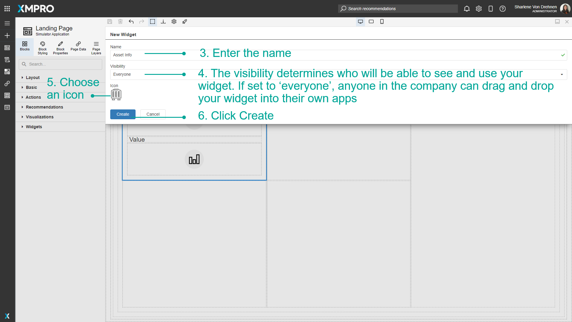 Screenshot showing the confirmation message that a new widget has been created successfully