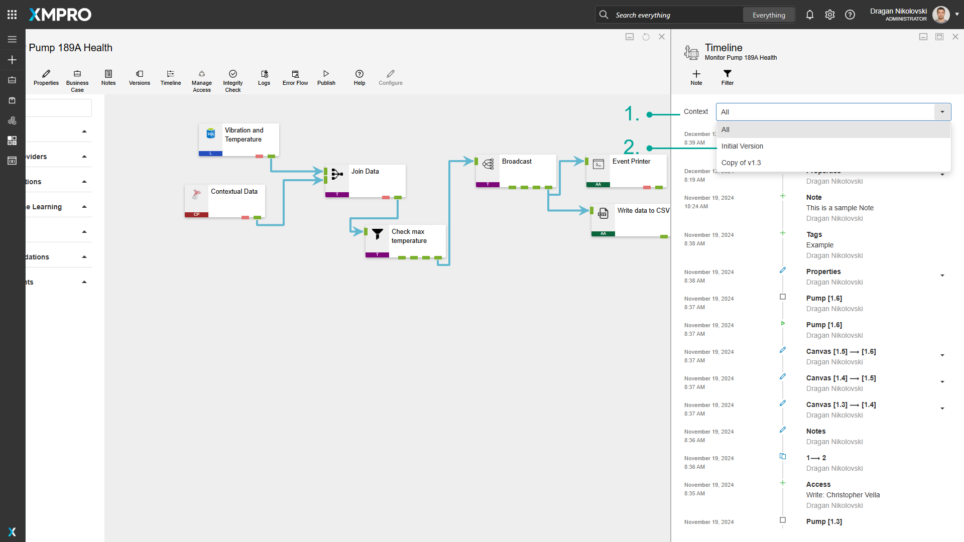 Filtering timeline entries by version