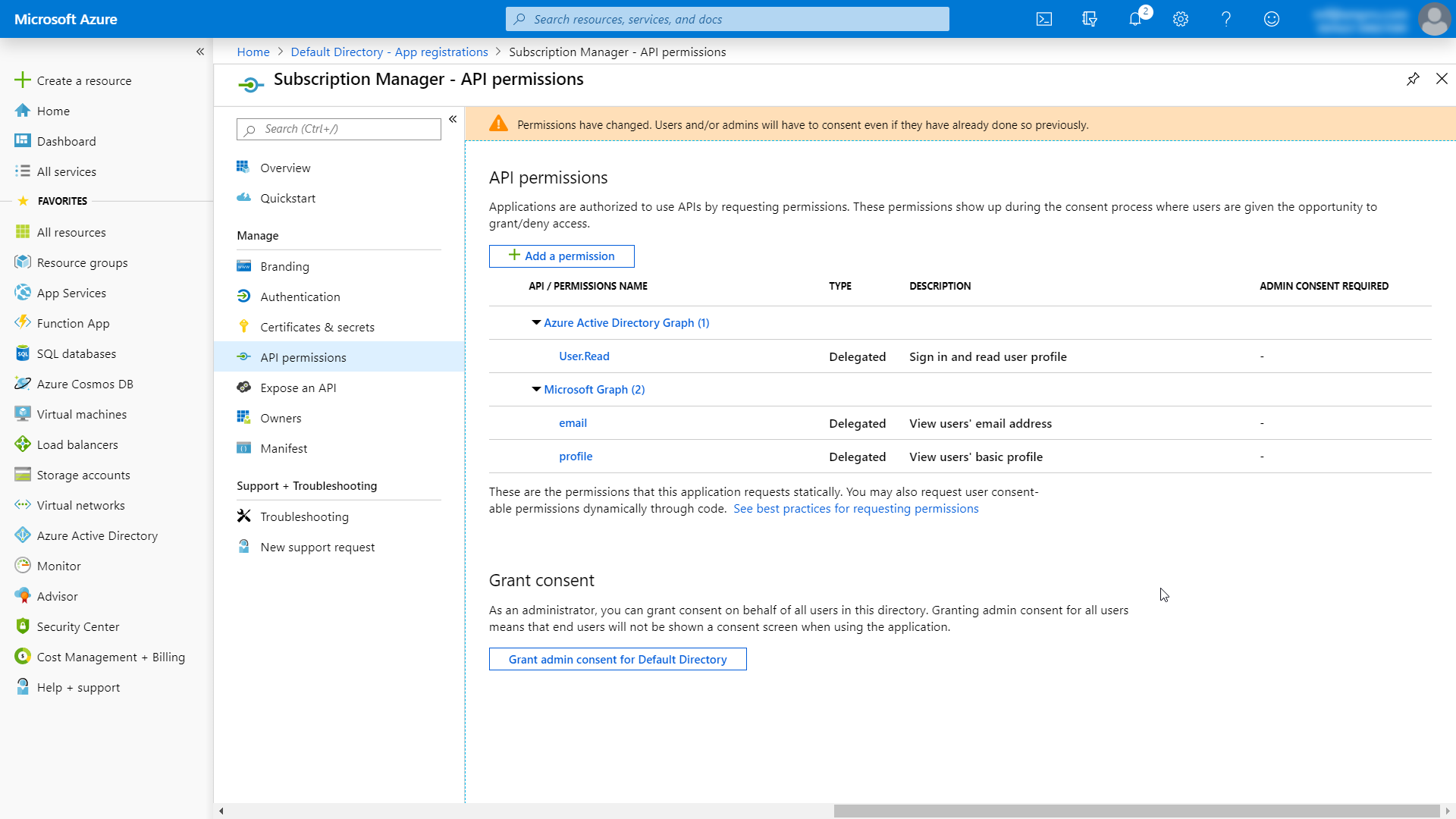 API permissions configuration