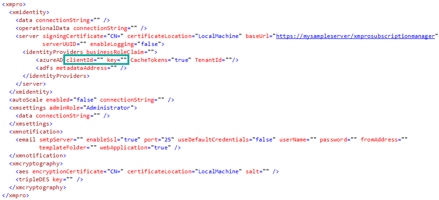 Azure AD web config clientId and key