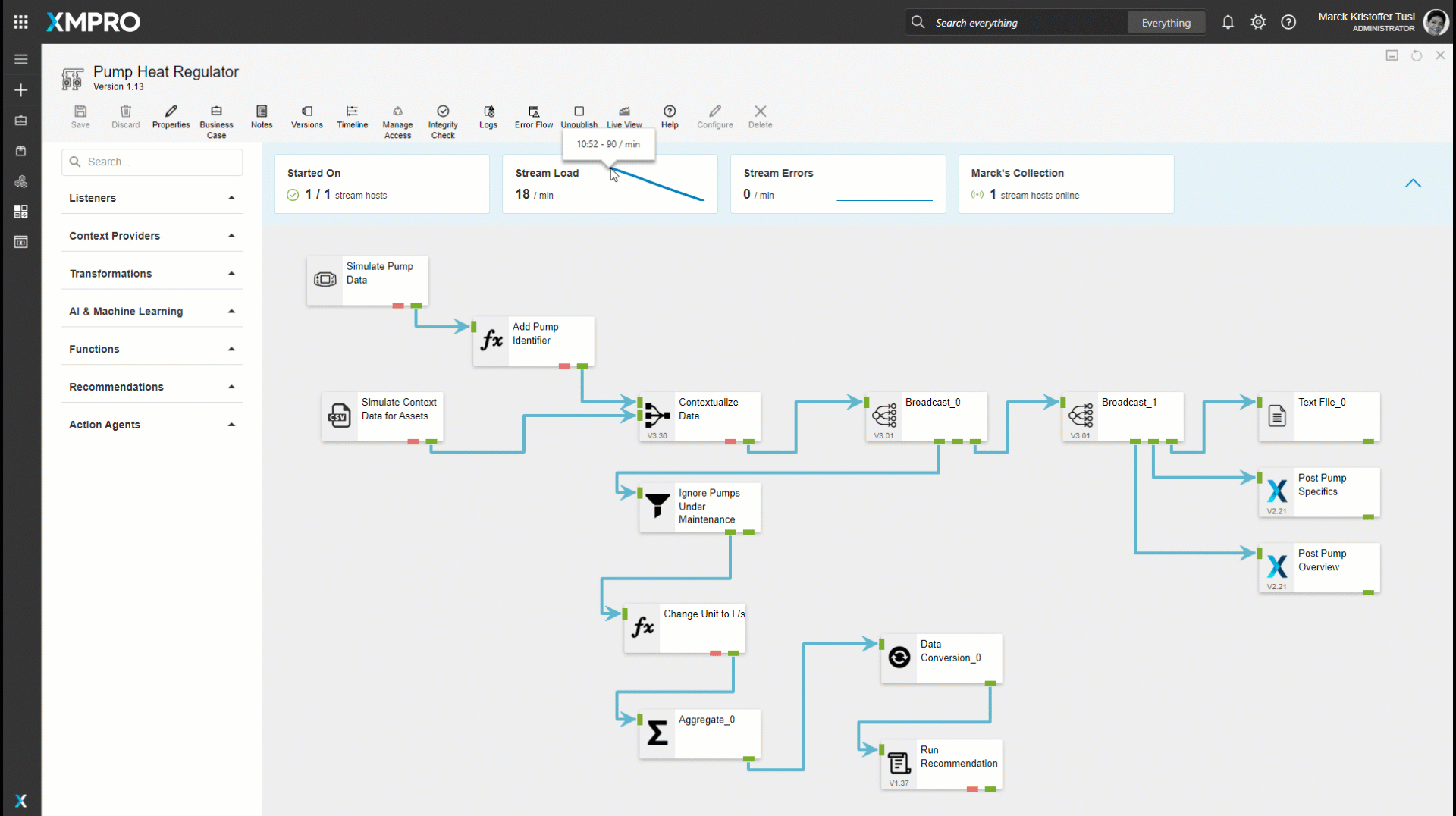 Stream metrics overview showing data processing and status