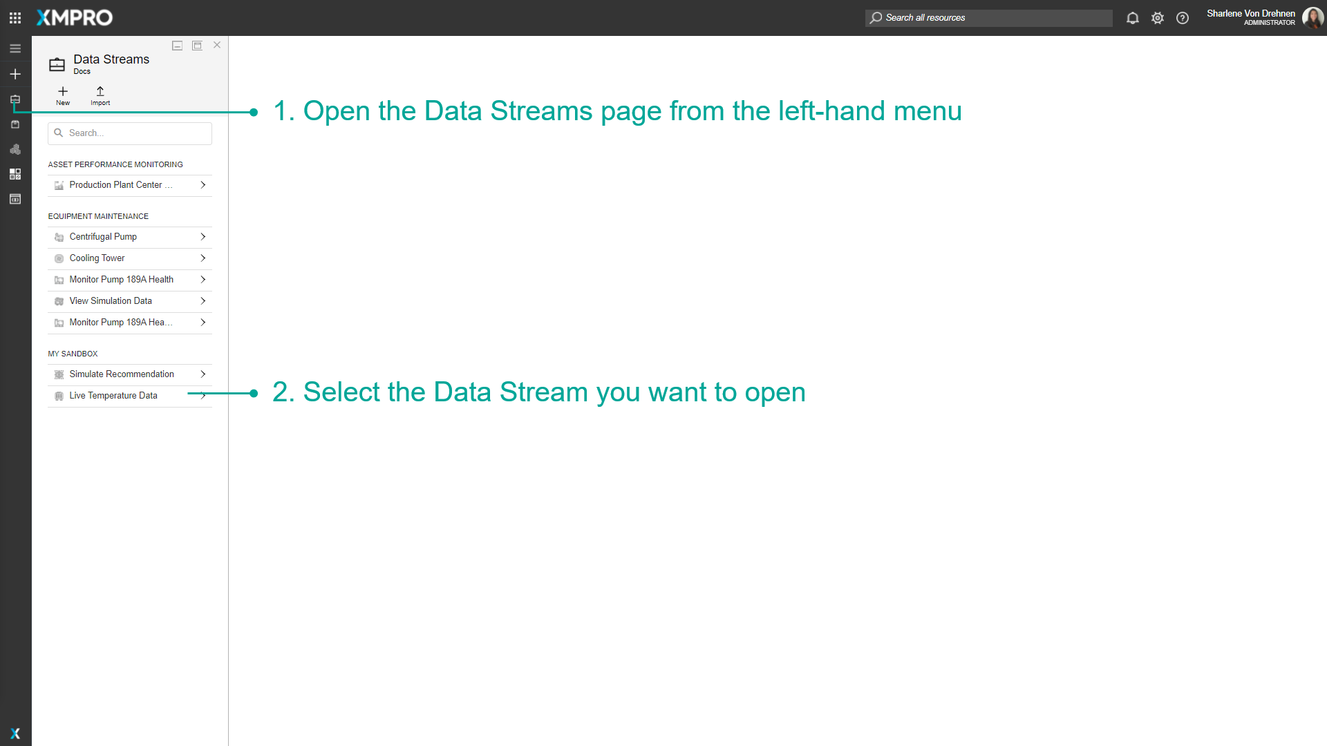 Opening a Data Stream from the left-hand menu