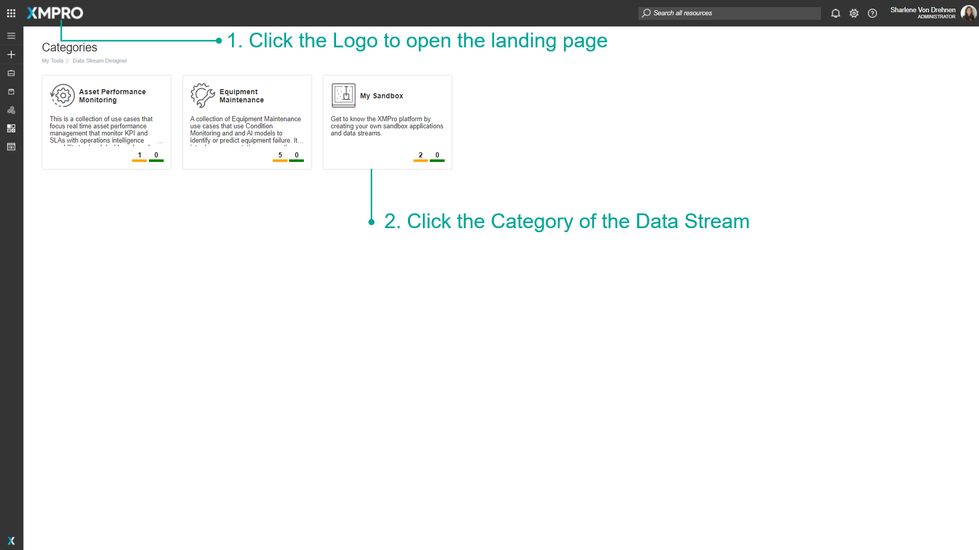 Finding a Data Stream from the landing page of categories